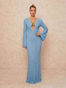 Lumalex 女士优雅性感金属装饰深V领高开衩连衣裙，夏季简约复古风，适合锐舞派对、音乐节、正式场合、秋季、夏季泳装、泳衣、度假、优雅复活节波西米亚风、海滩、户外、层次丰富的婚礼季、宴会、成人礼、海滩、海边、金属装饰深V领喇叭长袖修身条纹印花连衣裙，适合女士生日、休闲长裙、带袖长裙、钩针连衣裙、条纹连衣裙、独特连衣裙、邮轮晚宴连衣裙 - 藍色 - 查看 11