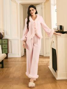 Mature French Elegant Women Faux Fur Patchwork Long Sleeve Top And Pants Pajama Set - Pink - View 6