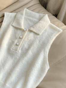 SHEIN Franclia 休闲通勤风翻领短袖针织上衣，饰有金属扣，搭配黑色休闲针织短裤，春夏款 - 黑與白 - 查看 5