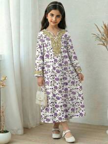 SHEIN 优雅复古独特高贵少女花卉印花长款卡夫坦连衣裙，适合春夏、节日场合，展现优雅女士风范。阿拉伯风格长袖V领宽松休闲连衣裙，适合庆祝活动、日常穿着、外出游玩、欢度假期。 - 彩色 - 查看 2