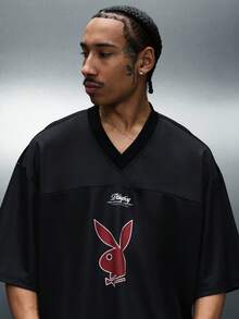 PLAYBOY X SUMWON 超大款网眼V领短袖T恤，饰有兔子图案 - 黑色 - 查看 5