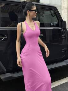 DAZY Đầm maxi ôm sát cổ chữ V dành cho nữ, kiểu dáng mùa hè. - Đỏ - Xem 3