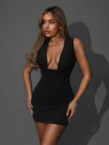SHEIN ICON Damen einfarbiges Lässig Minikleid mit U-Ausschnitt und ärmellos, minimalistisch - Schwarz - Übersicht 1