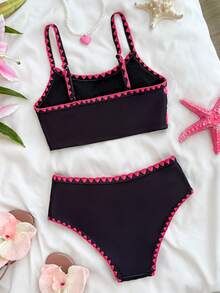 Tween Girls Random Ditsy Floral Bikini Set, Bright Fuchsia Camisole Bikini With Shell Trim, Summer Beach Backless Camisole Swimsuit Set, Beach Vacation Swimwear - Black - View 2