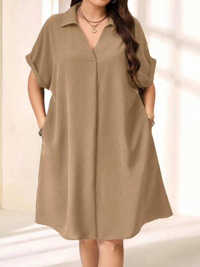 EMERY ROSE 大码纯色翻领短袖休闲迷你连衣裙，简约风格，女士夏季穿搭