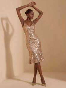 JIAN LASALA V Neck Spaghetti Straps Patterned Sequin Mesh Mermaid Hem Party Dress Women Short Sexy Dress Black Sequin Midi Dress Sparkly Cocktail Dress Glitter Dress Sleeveless Midi Dress Black Sequin Dress Sparkly Dress Midi Cocktail Dress Sequin Dress Luxury Stylish Clothing Collection Elegant - Khaki - View 7