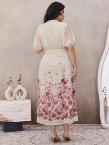 Modelyn 大码短袖浪漫印花优雅休闲A字双层连衣裙 - 杏色 - 查看 5