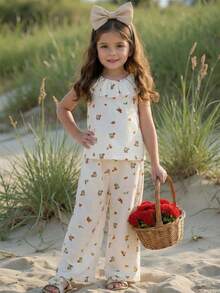 SHEIN Conjunto de Top Regata e Calça com Estampa Floral para Meninas Jovens - Damasco - Visão 4