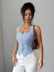 Selianne 时尚女士条纹优雅衬衫，玫瑰金纽扣，通勤风，适合约会、通勤、夏季、返校、办公、度假等场合，百搭单品。 - 藍色 - 查看 3