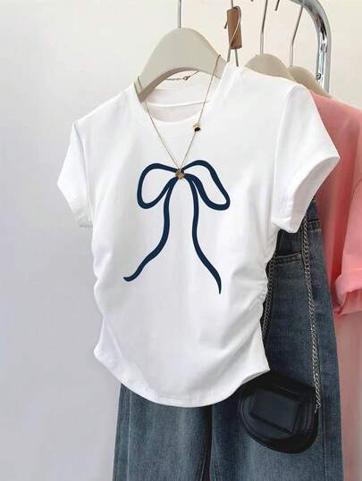 INAWLY Summer Casual Bowknot Design T-Shirt, Slim Fit, Suitable For Dates, Student Wear, Daily Outfit