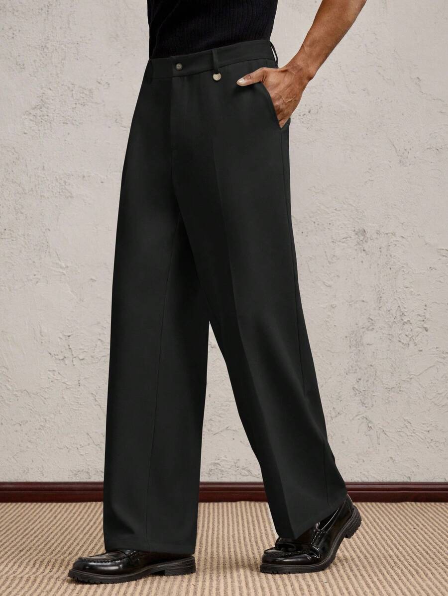 AKNOTIC Business Casual Men Woven Loose Fit Straight Leg Casual Trousers, Suitable For Daily Wear, Spring/Summer, Holiday, Party, Wedding, Graduation Gift - Black - View 1