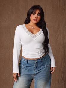 Rustia Trendig, sexig och mångsidig t-shirt med v-ringning och spets, elastisk långärmad - Vitt - Visa 4