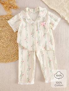 Bộ 2 món áo ngắn tay và quần dài họa tiết hoa xinh xắn cho bé gái, đồ mặc nhà mềm mại, giản dị, mùa hè - Màu be - Xem 3