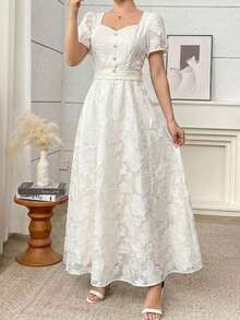 Kleid mit gewebten Ausschnitten und Perlknöpfen, elegant & modisch, geeignet für Ausflüge, Partys, Frühling/Sommer/Herbst - Beige - View 7