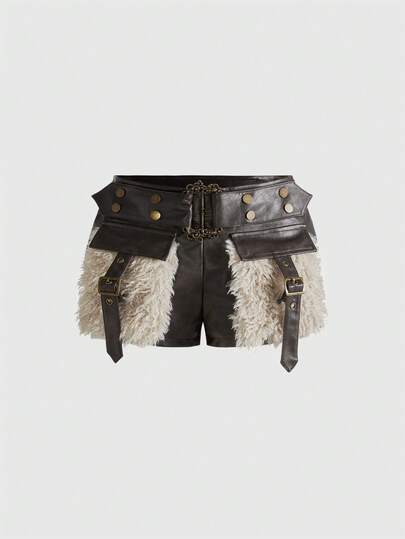 Grunge Punk Y2K Retro Destroyed Fake-Pelz Patchwork Ultra Tief Sitzende Mini Shorts