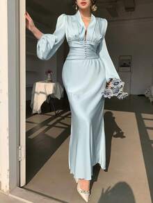 DAZY Bộ đồ nữ thanh lịch gồm áo sơ mi và chân váy xếp ly màu trơn, thích hợp cho mùa hè, xuân, dự tiệc cưới. - Màu xanh lam - Xem 10