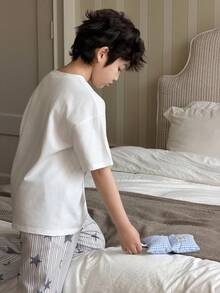 DAZY 男童纯色短袖T恤和条纹星星印花长裤睡衣套装，夏季