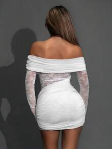 SHEIN ICON Asymmetrical Lace Sheer Off-Shoulder Sexy Mini Dress - White - View 2