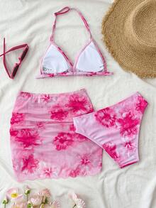 Tween Girls 3-Piece Floral Print Bikini Set, Sweet Casual Beach Vacation, Summer Swimwear, Beach Outfit