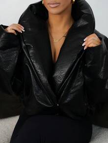 SAYEHFBABY 加厚翻领仿皮外套，适合夜间外出、秋季、冬季、返校季、日常穿着、圣诞派对、优雅晚宴等场合。 - 黑色 - 查看 3