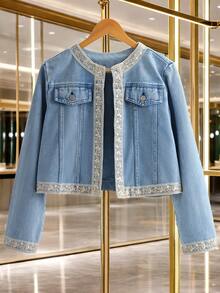 GlowEve Women's Floral Embroidered Long Sleeve Open Front Casual Denim Jacket - Blue - View 1