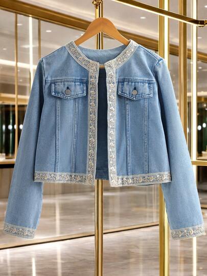 GlowEve Chaqueta vaquera casual de manga larga con bordado floral y abertura delantera para mujer