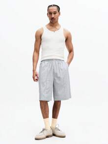 SUMWON Quần short Bermuda dáng rộng, kẻ caro, cạp chun và túi bên hông, thích hợp mặc thường ngày vào mùa hè. - Xám - Xem 4