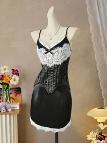 Femesol 2件装女士黑色细肩带蕾丝拼接束腰吊带背心，带蝴蝶结装饰 - 黑與白 - 查看 5