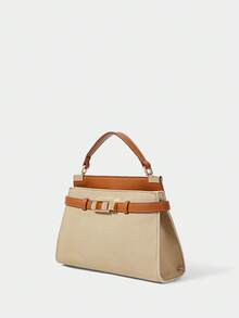 SHECARRY 女士休闲仿布图案拼接手提包，适合通勤、购物和度假。 - 鏽棕色 - 查看 2