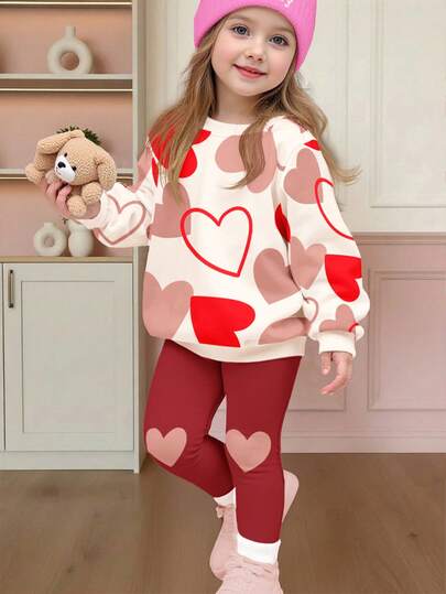 Conjunto informal de niña de sudadera de cuello redondo de manga larga con estampado de corazones suave y lindo, y leggings, adecuado para otoño/invierno, uso diario, hogar y vacaciones