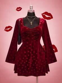 SHEIN ICON 大码女士情人节优雅爱心丝绒连衣裙 - 紅色 - 查看 6