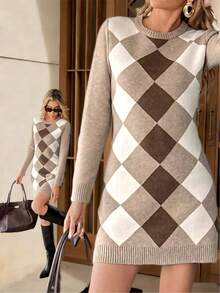 SHEIN PariChic Women's Rhombus Pattern Knitted Long Sleeve Sweater Dress, Autumn/Winter - Multicolor - View 6