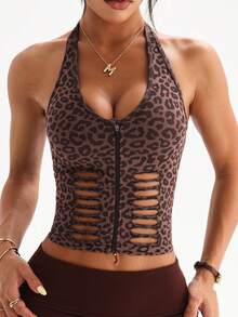 Dewbera 1pc Women's Seamless Sexy Leopard Print Hollow Out Front Zipper Running Fitness Yoga Exercise Top Camisole - Coffee Brown - View 4