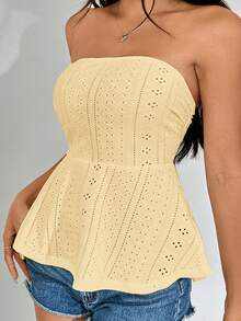 SHEIN EZwear 镂空刺绣纯色荷叶边抹胸上衣可爱黄色上衣黄色夏季上衣夏季上衣女士针织上衣女士镂空上衣黄色镂空上衣无肩带上衣浅黄色上衣荷叶边镂空上衣夏季镂空上衣无肩带镂空上衣休闲夏季上衣女士夏季无肩带上衣蕾丝边夏季上衣女士夏季上衣可爱夏季上衣 - 淡黃色 - 查看 6