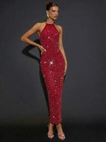 SHEIN BAE Elegant Dark Red Backless Long Bodycon Dress With Rhinestone Decor,Summer Party,Formal Occasions,Cocktail Party,Nightclub,Wedding Bridesmaid - Red - View 3