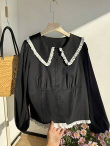 SHEIN EZwear 大码优雅刺绣单排扣荷叶领灯笼袖衬衫 - 彩色 - 查看 5