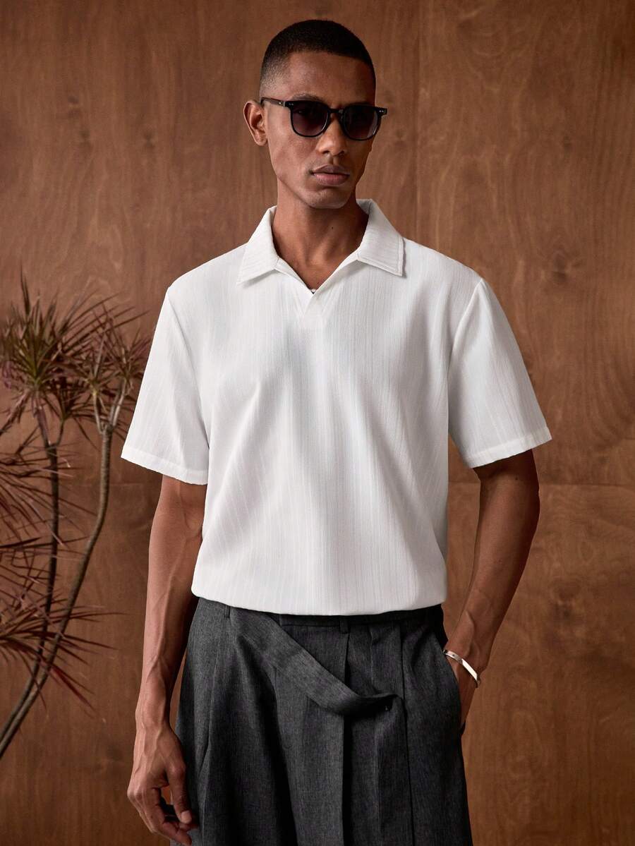 AKNOTIC Business Casual 3件装男士夏季波浪扎染提花短袖Polo衫 - 白色 - 查看 1