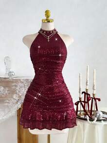 Franclia Burgundy Sequins Halter Stretch Sexy Sleeveless Slim Women Bodycon Dress/Date/Party/Nightclub/Street /Halloween/Valentine's Day/Elegant Dress/Christmas Dress/Birthday Dress/Nightclub/Party Dress /New Year Holiday/Spring/Summer/Autumn/Winter New Short Dress - Burgundy - View 3