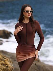 Swim Shayni New Gradient Ruched Zipper One-Piece Swimsuit With Skirt, 3 PiecesConservative Sun Protection Swimwear, European & American Style, Brown Long Sleeve