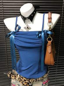 INAWLY Women's Casual Slim-Fit Camisole Top With Bow - Blue - View 5