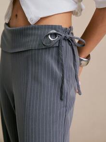 Poéselle Women's Pants Foldover Waist Pinstripe Wide-Leg Trousers – Adjustable Ring-Tie Workwear Pants Foldover Waist Pants, Pinstripe Trousers, Wide Leg Office Pants, Grey Dress Pants, Y2k Workwear, Tailored Wide Leg, Ring Belt Pants, Quiet Luxury Style Striped Fold-Over Waist Flared Leg Pants, Commuter Style Summer Outfits - Grey - View 7
