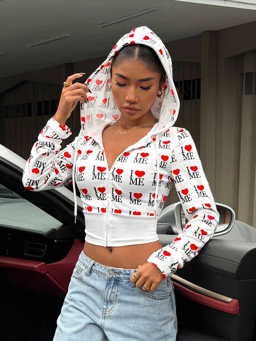 Muchica 女士字母爱心印花抽绳连帽拉链休闲百搭长袖卫衣，适合情人节、约会、外出等场合。 - 白色 - 查看 1