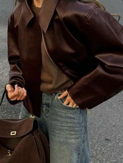 DAZY Women's Loose Fit Old Money Design Casual Short Leather Jacket, Versatile Wear For Spring, Summer, Autumn, Winter