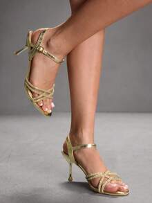 CUCCOO SZL Women's Fashion High Heel Sandals, Fashionable Rhinestone Embellished High Heel Sandals - Gold - View 1