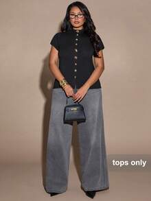 SHEIN BAE 大码女式黑色金属纽扣装饰立领短袖T恤，春夏款 - 黑色 - 查看 6