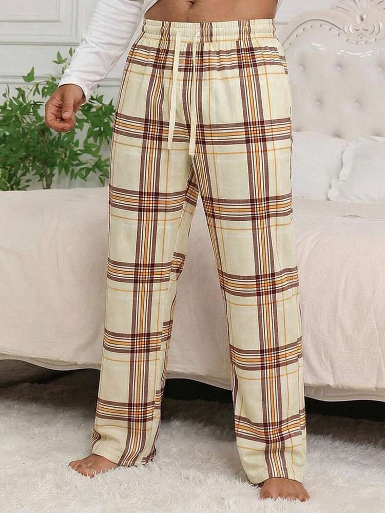 Men's Plaid Gray & White Elastic Waist Lounge Pants, Spring