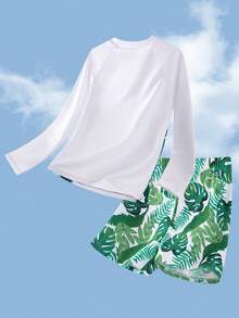 SHEIN 两件套青少年男童休闲度假图案长袖泳衣和泳裤套装