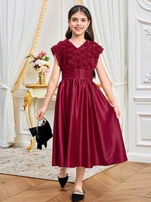 SHEIN Tween Girls Elegant Fitted Cute Retro Palace V-Neck Short Sleeve Mid-Length Dress - Red - View 3