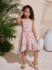 Young Girl Elegant Minimalist Halter Floral Print Sleeveless Dress - Baby Pink - View 5
