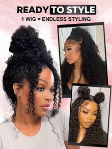 9AM Hair Store Invisi Draw-Strings Kinky Curly 360 Lace Frontal Glueless Wig With Bleached Knots Wear And Go Glueless Human Hair Wig Pre-Plucked Hairline 180% Density 14-16 Bob Inch 18-26 Regular Inch Unprocessed Virgin Hair Christmas Wigs Y2k Human Hair Wig Christmas Gifts - SNatural - View 3